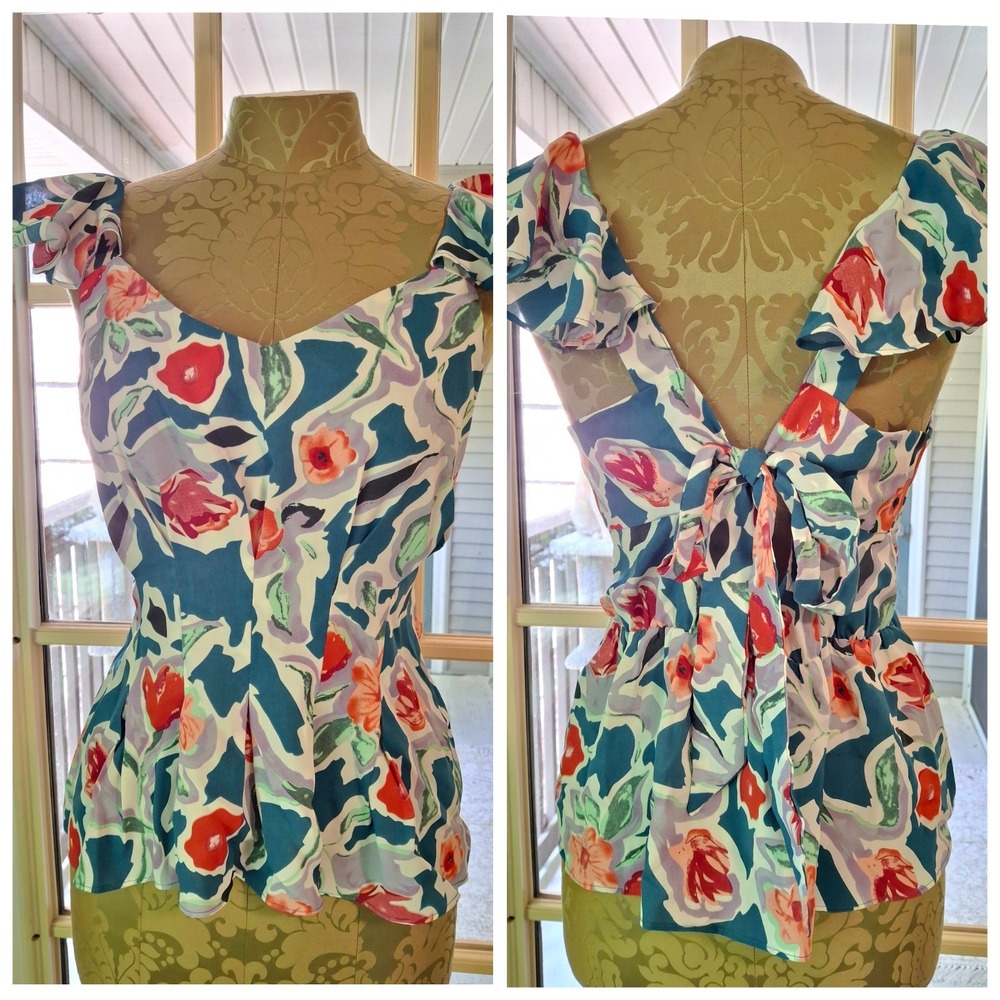 MILK & HONEY Green Floral Flutter Sleeve Blouse Summer Beach Boho Medium